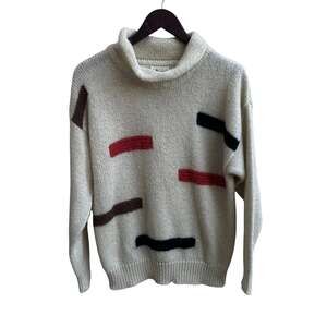 Vtg Abstract Stripe Mohair Blend Knit Sweater Cozy 80s Graphic Size